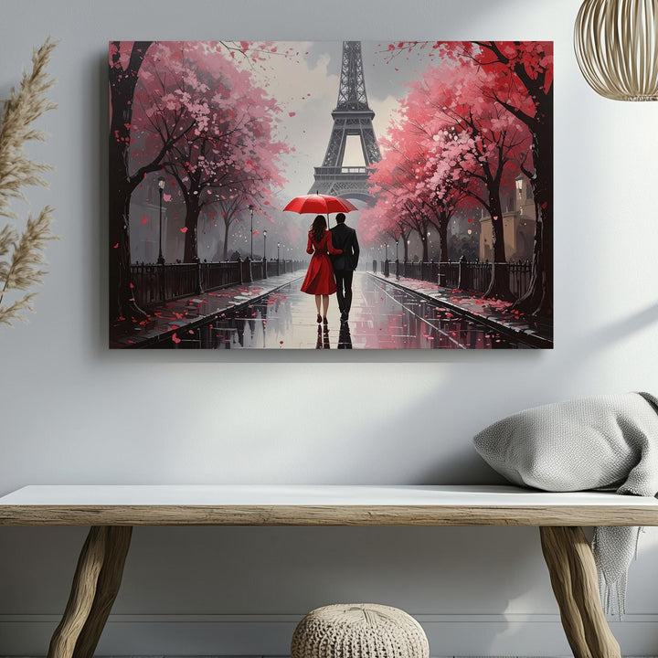 Parisian Love Canvas – Romantic Couple Under Red Umbrella in the Rain - Gifitto