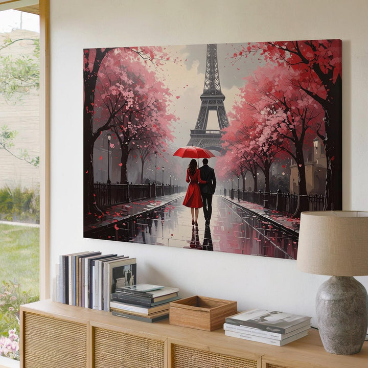 Parisian Love Canvas – Romantic Couple Under Red Umbrella in the Rain - Gifitto