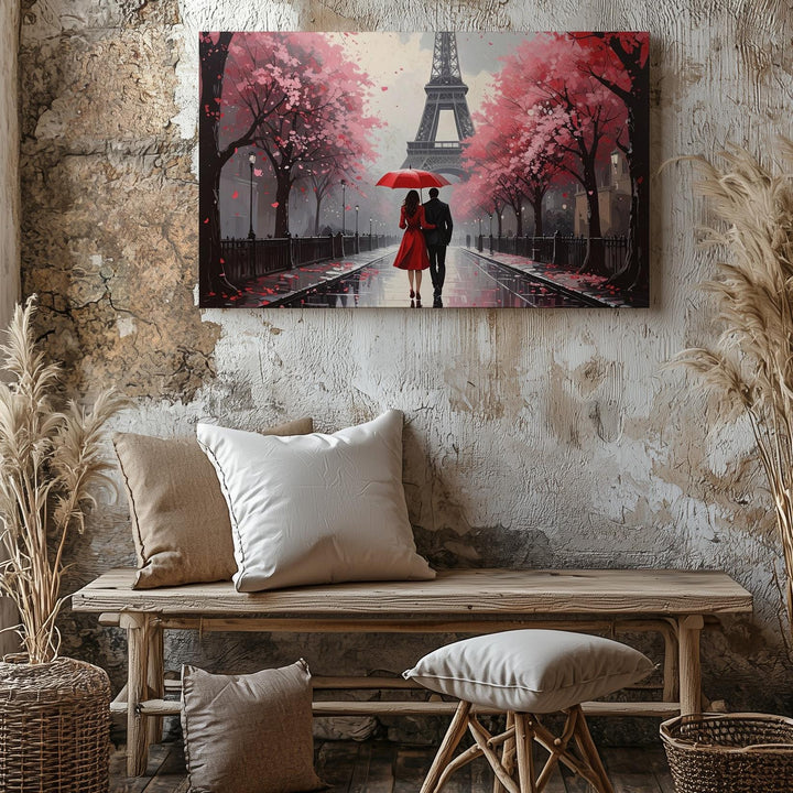 Parisian Love Canvas – Romantic Couple Under Red Umbrella in the Rain - Gifitto