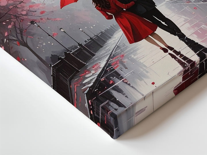 Parisian Love Canvas – Romantic Couple Under Red Umbrella in the Rain - Gifitto