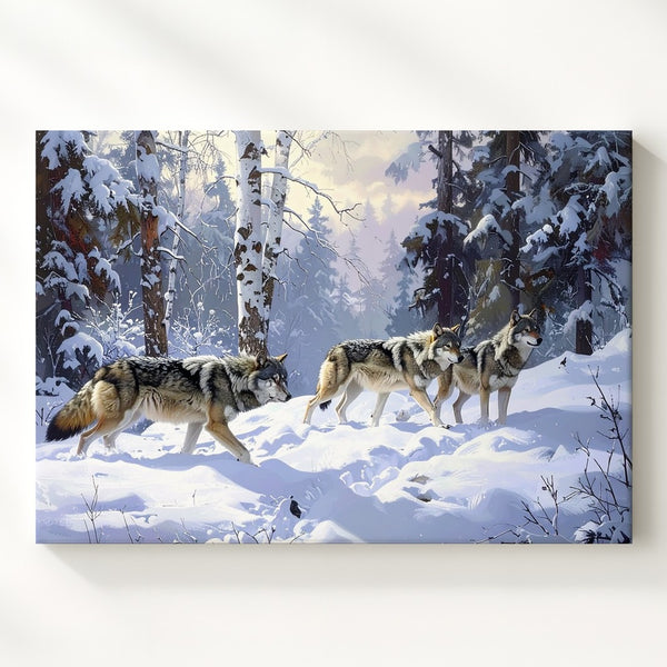 Winter Wolves Canvas – Snowy Forest Wildlife Scene Wall Art