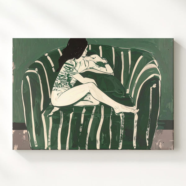 Serene Seating Figurative Canvas – Minimalist Green & Cream Silhouette Art - Gifitto