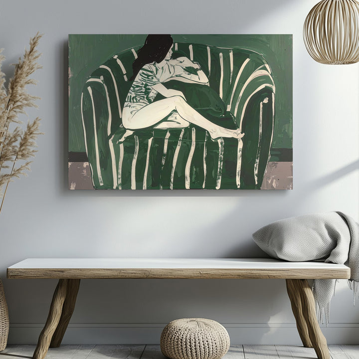 Serene Seating Figurative Canvas – Minimalist Green & Cream Silhouette Art - Gifitto