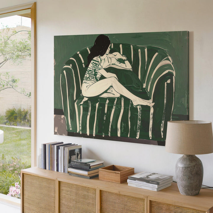 Serene Seating Figurative Canvas – Minimalist Green & Cream Silhouette Art - Gifitto