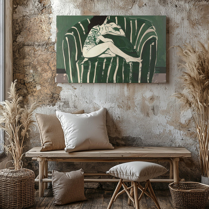 Serene Seating Figurative Canvas – Minimalist Green & Cream Silhouette Art - Gifitto