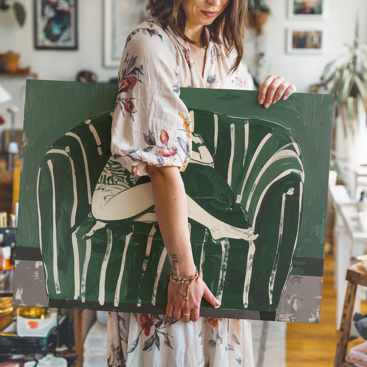 Serene Seating Figurative Canvas – Minimalist Green & Cream Silhouette Art - Gifitto