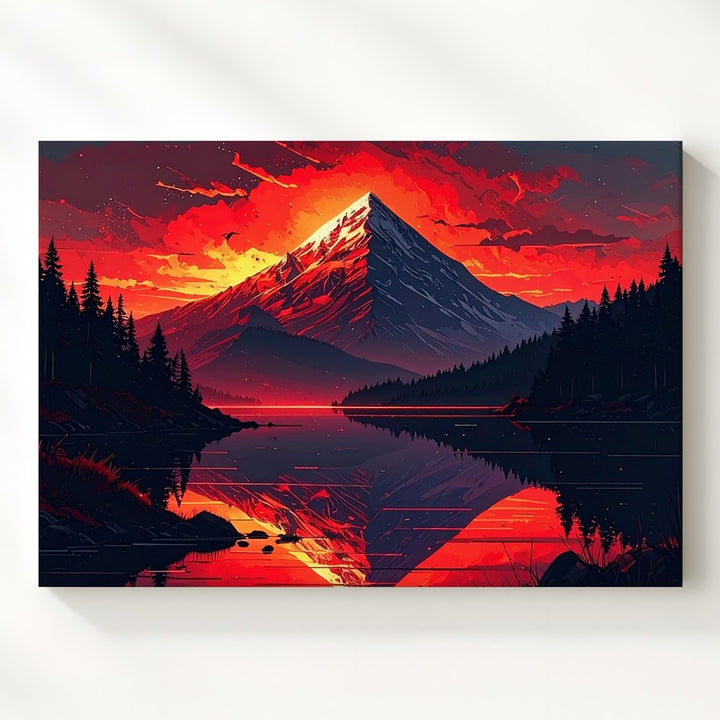 Fiery Peak Reflection Canvas – Vertical Fantasy Sunset Mountain Wall Art - Gifitto