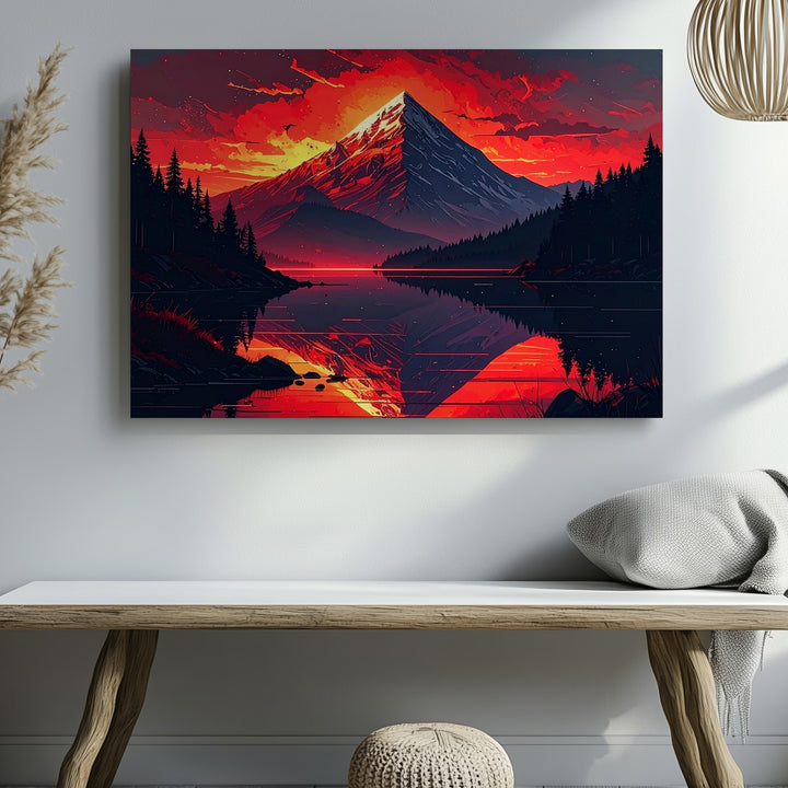 Fiery Peak Reflection Canvas – Vertical Fantasy Sunset Mountain Wall Art - Gifitto
