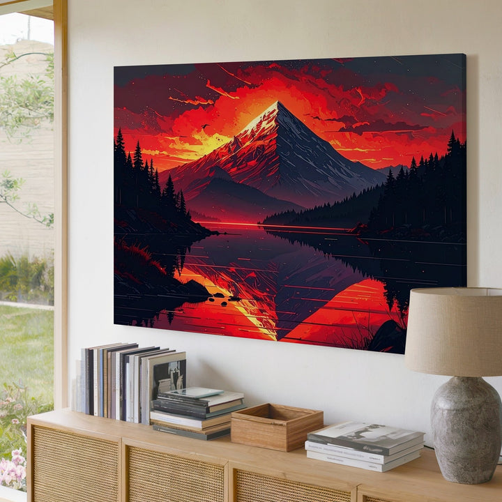 Fiery Peak Reflection Canvas – Vertical Fantasy Sunset Mountain Wall Art - Gifitto