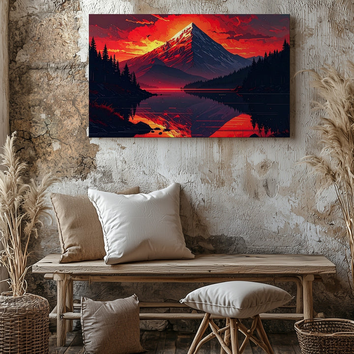 Fiery Peak Reflection Canvas – Vertical Fantasy Sunset Mountain Wall Art - Gifitto
