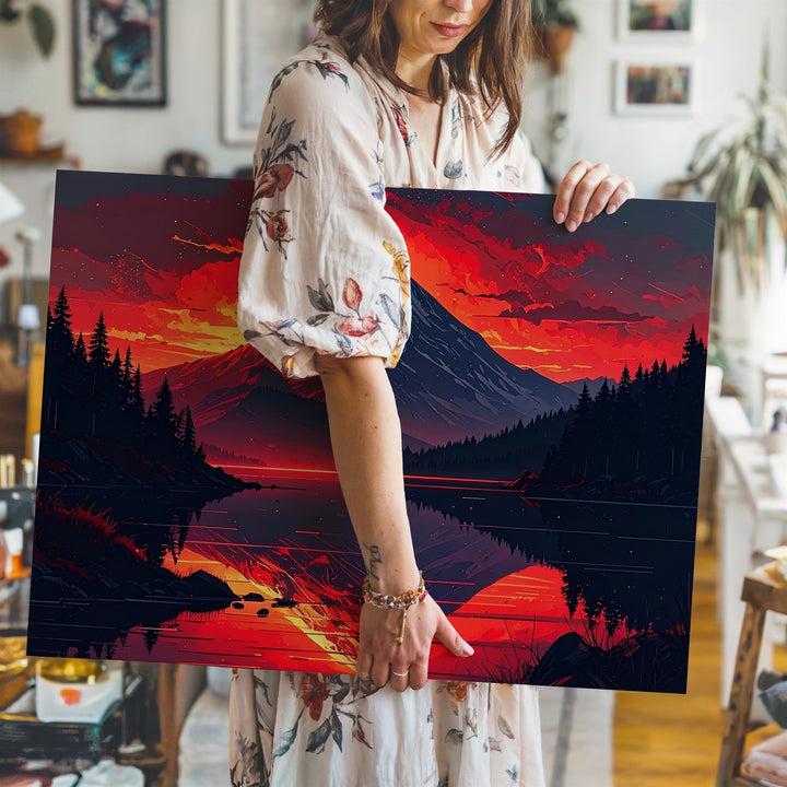 Fiery Peak Reflection Canvas – Vertical Fantasy Sunset Mountain Wall Art - Gifitto
