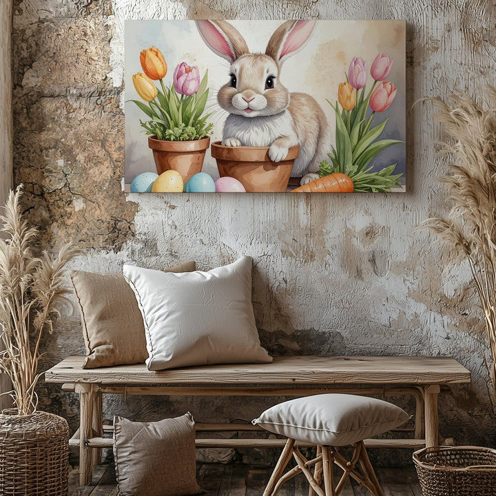 Playful Easter Bunny with Eggs Canvas – Cheerful Spring Wall Art - Gifitto