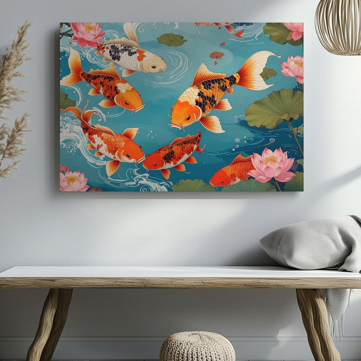 Koi Fish & Lotus Canvas – Traditional East Asian Style Aquatic Art - Gifitto
