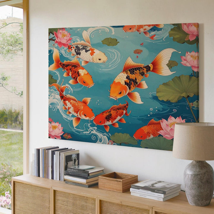 Koi Fish & Lotus Canvas – Traditional East Asian Style Aquatic Art - Gifitto