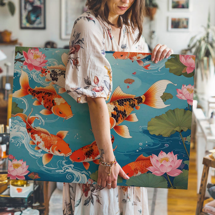 Koi Fish & Lotus Canvas – Traditional East Asian Style Aquatic Art - Gifitto