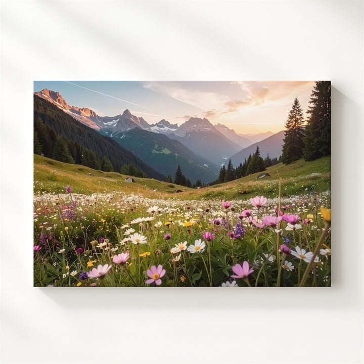 Alpine Wildflower Valley Canvas – Expansive Mountain Landscape in Golden Hour Light - Gifitto