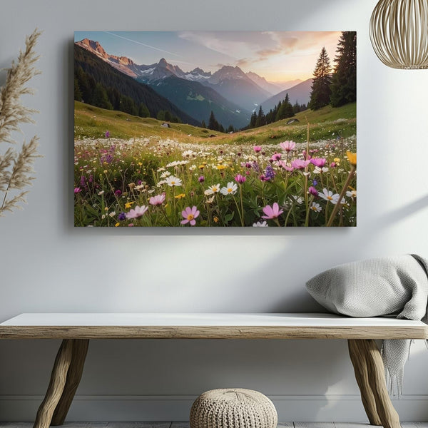 Alpine Wildflower Valley Canvas – Expansive Mountain Landscape in Golden Hour Light - Gifitto