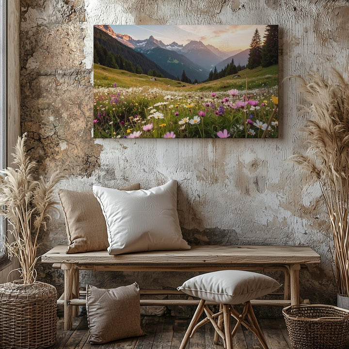 Alpine Wildflower Valley Canvas – Expansive Mountain Landscape in Golden Hour Light - Gifitto