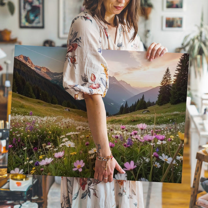 Alpine Wildflower Valley Canvas – Expansive Mountain Landscape in Golden Hour Light - Gifitto