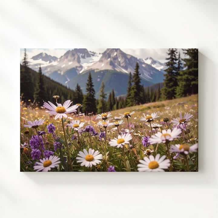 Lavender Wildflowers Close-Up Canvas – Serene Alpine Meadow with Mountain Backdrop - Gifitto