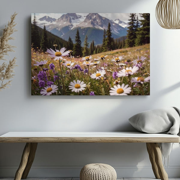 Lavender Wildflowers Close-Up Canvas – Serene Alpine Meadow with Mountain Backdrop - Gifitto