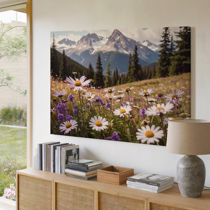 Lavender Wildflowers Close-Up Canvas – Serene Alpine Meadow with Mountain Backdrop - Gifitto