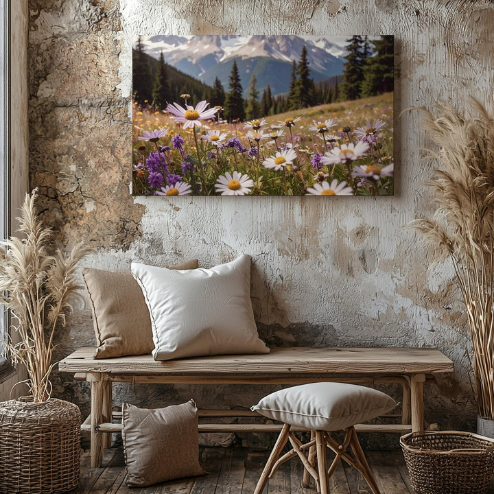 Lavender Wildflowers Close-Up Canvas – Serene Alpine Meadow with Mountain Backdrop - Gifitto