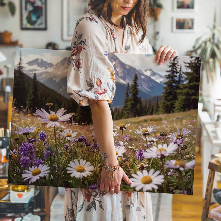 Lavender Wildflowers Close-Up Canvas – Serene Alpine Meadow with Mountain Backdrop - Gifitto