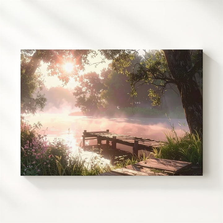 Golden Riverside Pier Canvas – Serene Sunset Scene with Misty Water & Wild Plants - Gifitto