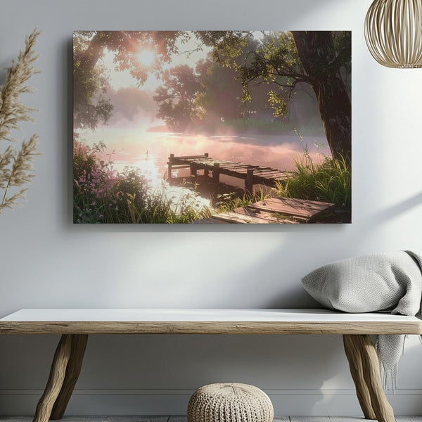 Golden Riverside Pier Canvas – Serene Sunset Scene with Misty Water & Wild Plants - Gifitto