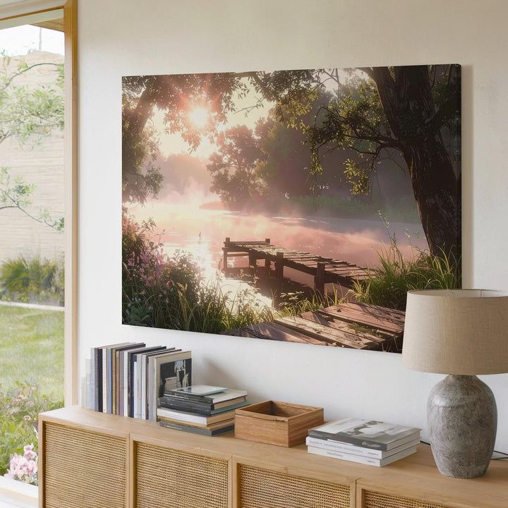 Golden Riverside Pier Canvas – Serene Sunset Scene with Misty Water & Wild Plants - Gifitto
