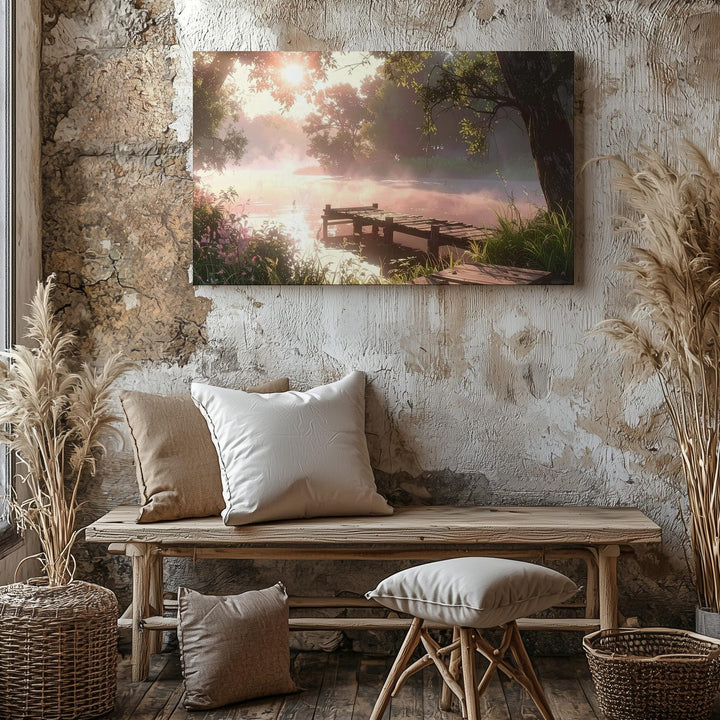 Golden Riverside Pier Canvas – Serene Sunset Scene with Misty Water & Wild Plants - Gifitto