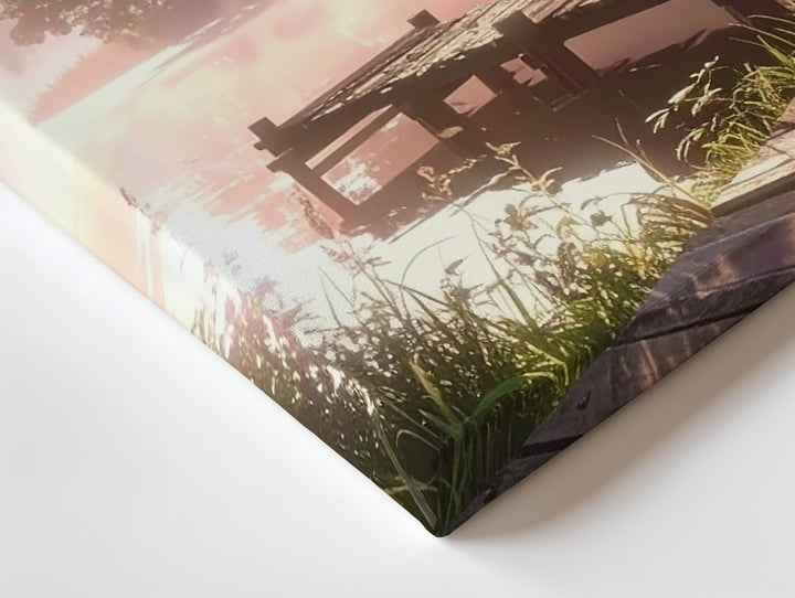 Golden Riverside Pier Canvas – Serene Sunset Scene with Misty Water & Wild Plants - Gifitto