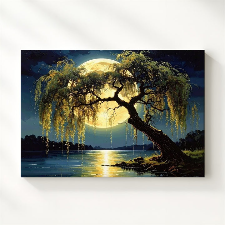 Surreal Moonlit Willow Canvas – Dreamlike Nightscape with Glowing Full Moon - Gifitto