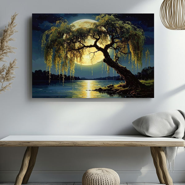 Surreal Moonlit Willow Canvas – Dreamlike Nightscape with Glowing Full Moon - Gifitto