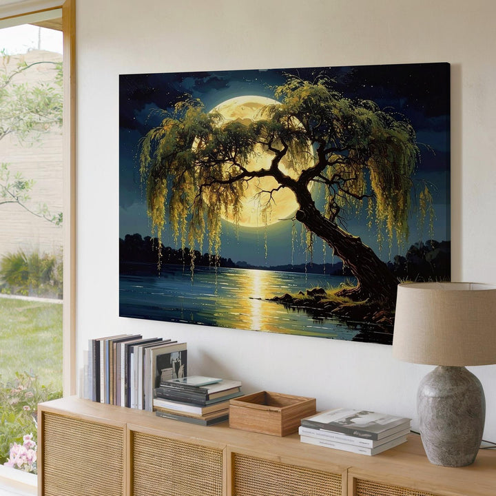 Surreal Moonlit Willow Canvas – Dreamlike Nightscape with Glowing Full Moon - Gifitto
