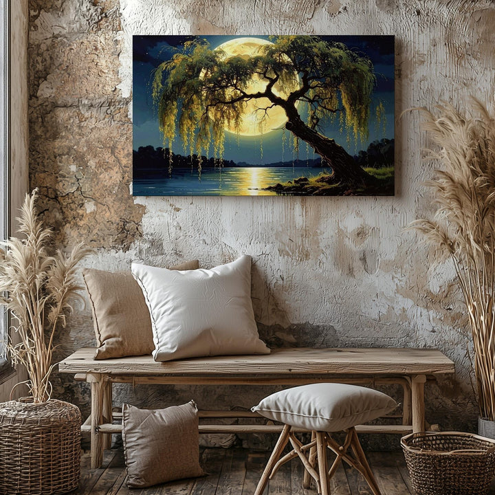 Surreal Moonlit Willow Canvas – Dreamlike Nightscape with Glowing Full Moon - Gifitto