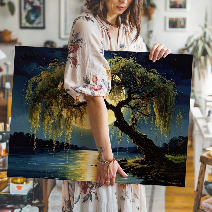 Surreal Moonlit Willow Canvas – Dreamlike Nightscape with Glowing Full Moon - Gifitto