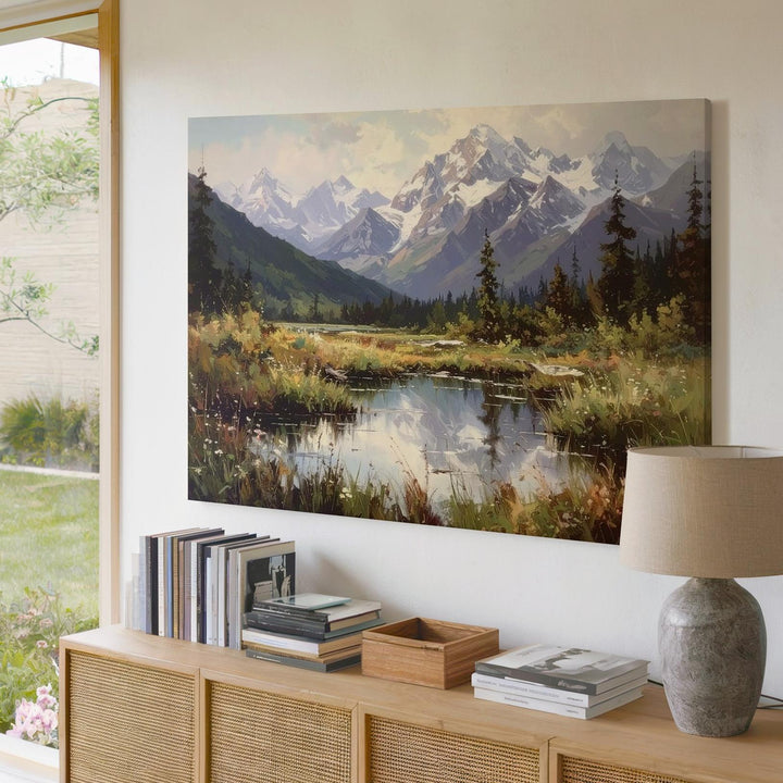 Pastel Alpine Mountain Canvas – Serene Snowy Peaks & Reflective Lake Landscape - Gifitto