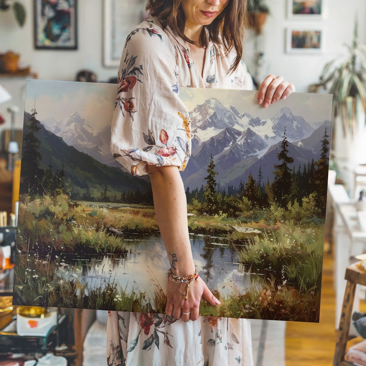Pastel Alpine Mountain Canvas – Serene Snowy Peaks & Reflective Lake Landscape - Gifitto