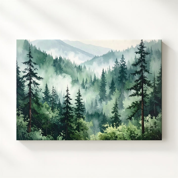 Misty Conifer Forest Canvas – Ethereal Evergreen Landscape in Soft Green & Gray - Gifitto
