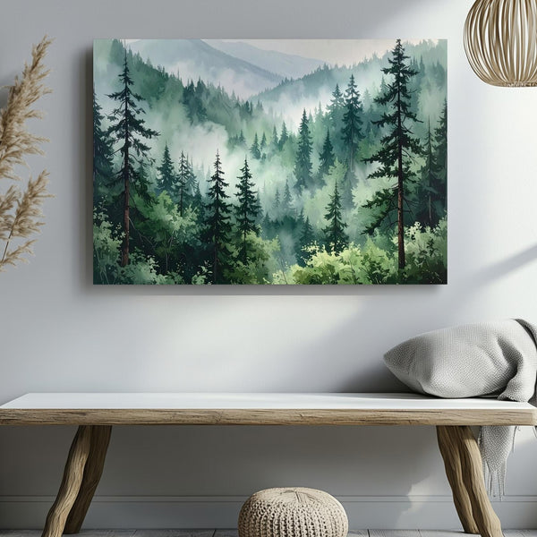 Misty Conifer Forest Canvas – Ethereal Evergreen Landscape in Soft Green & Gray - Gifitto