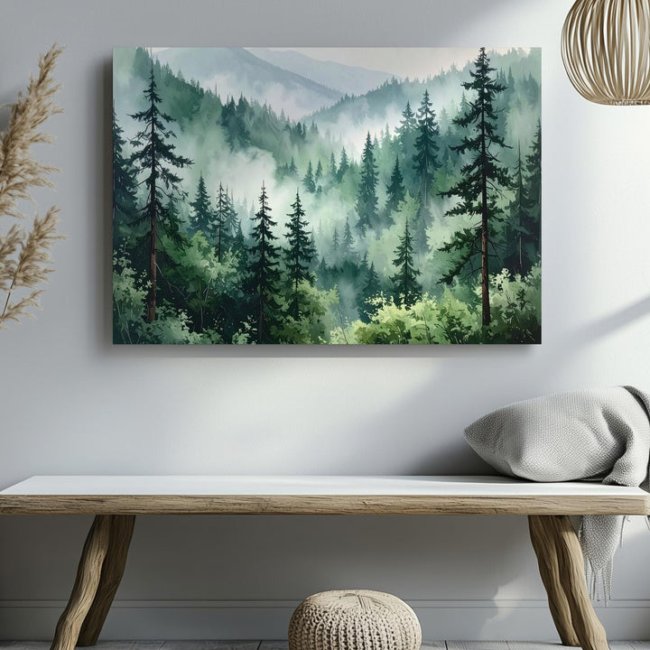 Misty Conifer Forest Canvas – Ethereal Evergreen Landscape in Soft Green & Gray - Gifitto
