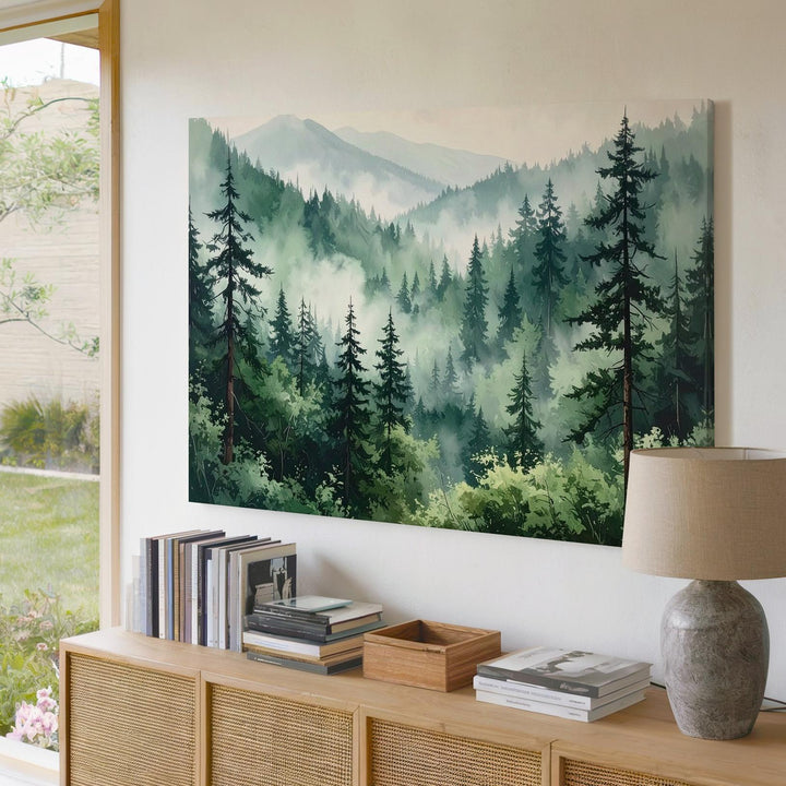 Misty Conifer Forest Canvas – Ethereal Evergreen Landscape in Soft Green & Gray - Gifitto