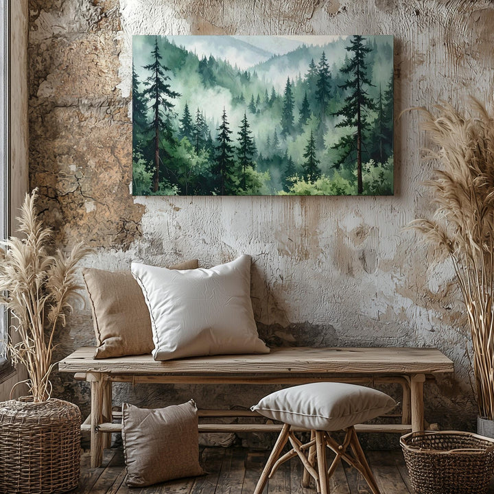 Misty Conifer Forest Canvas – Ethereal Evergreen Landscape in Soft Green & Gray - Gifitto