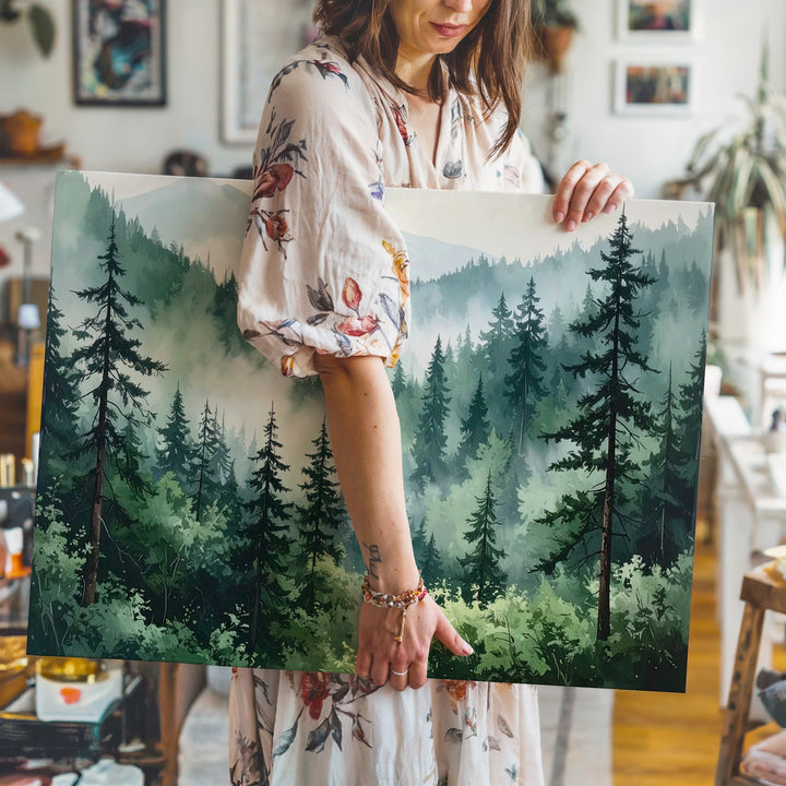 Misty Conifer Forest Canvas – Ethereal Evergreen Landscape in Soft Green & Gray - Gifitto