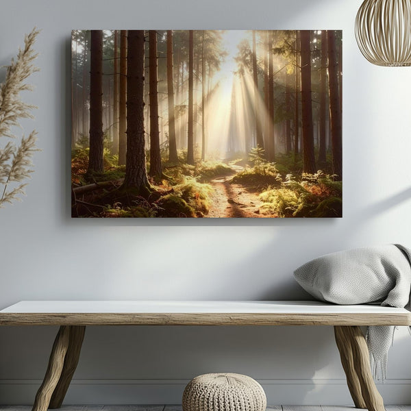 Sunrise Pine Forest Canvas – Tranquil Woodland Light & Shadow Landscape - Gifitto
