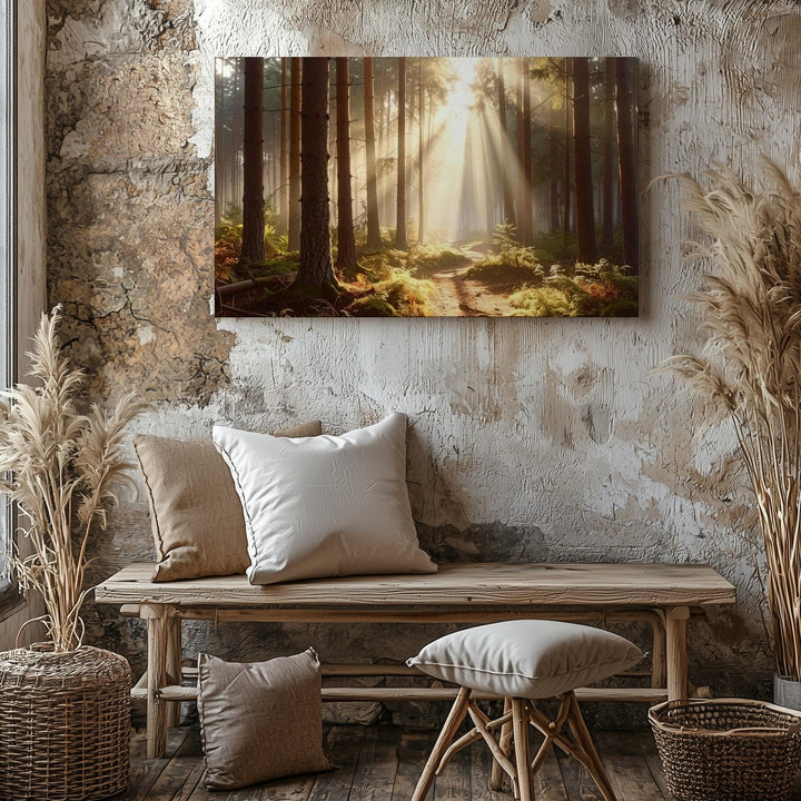 Sunrise Pine Forest Canvas – Tranquil Woodland Light & Shadow Landscape - Gifitto