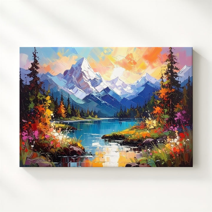 Vibrant Impressionist Mountain Canvas – Bold Palette Knife Landscape with Fiery Sky - Gifitto