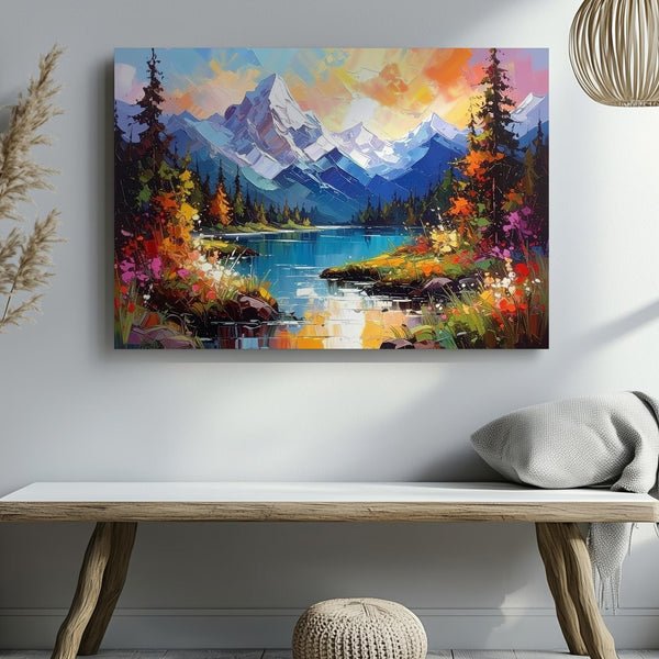 Vibrant Impressionist Mountain Canvas – Bold Palette Knife Landscape with Fiery Sky - Gifitto